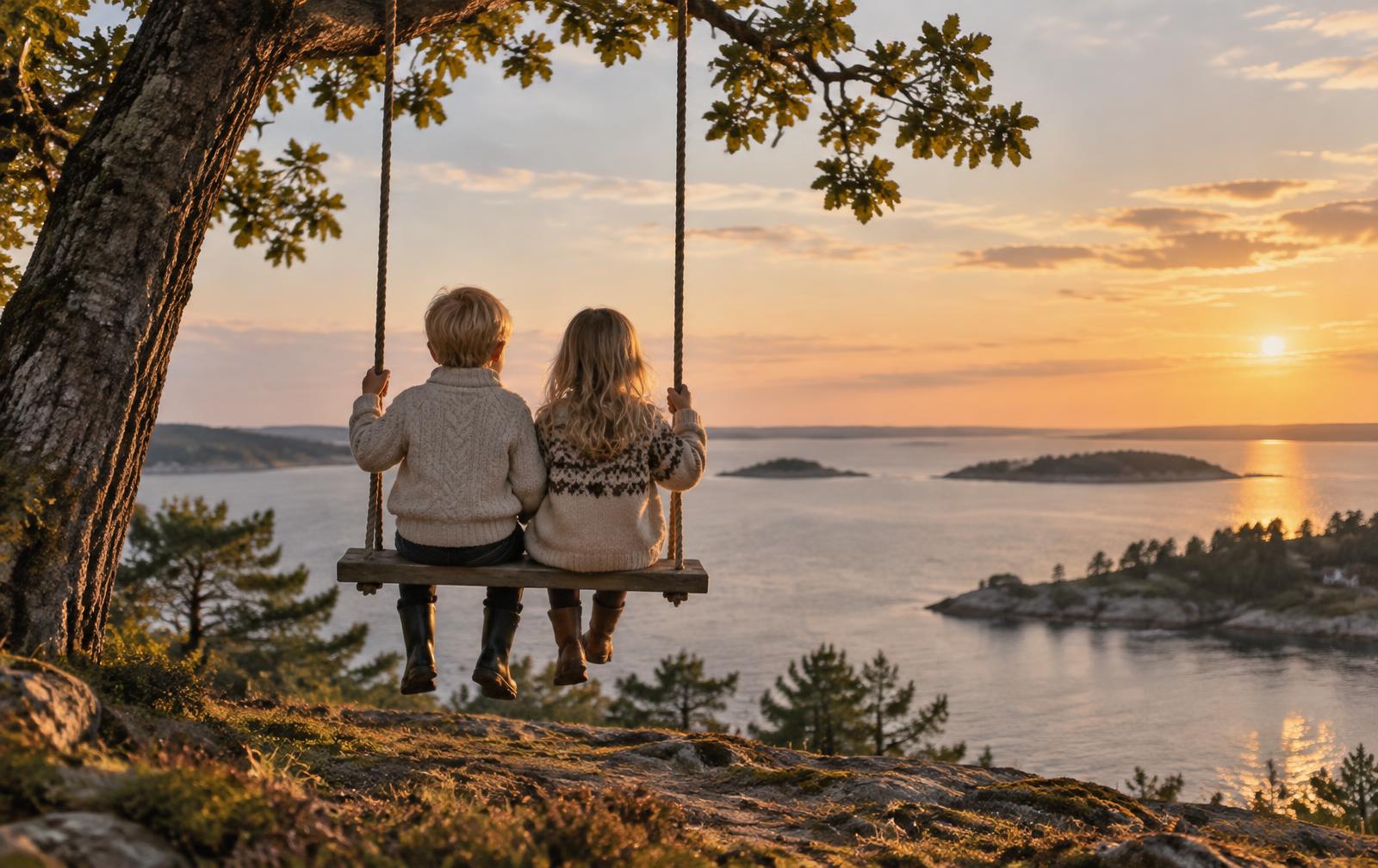 Two children on a swing overlooking the Swedish archipelago at sunset